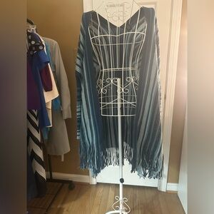 Preswick & Moore Teal and Light Blue Striped Fringe Poncho